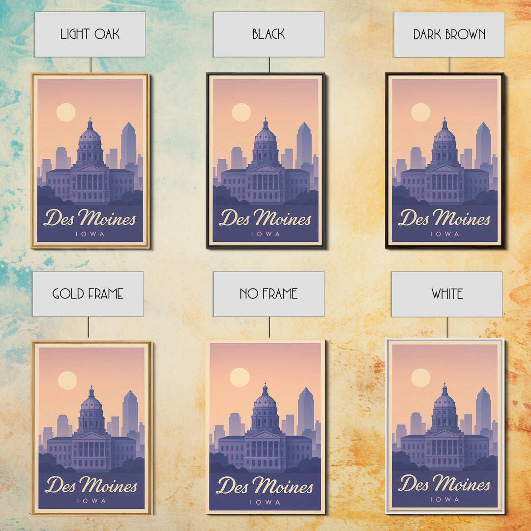 Des Moines Travel Poster, Framed Canvas Print, Retro Sunset Skyline Art, Des Moines Art Print, Vintage Travel Art, City Art Print