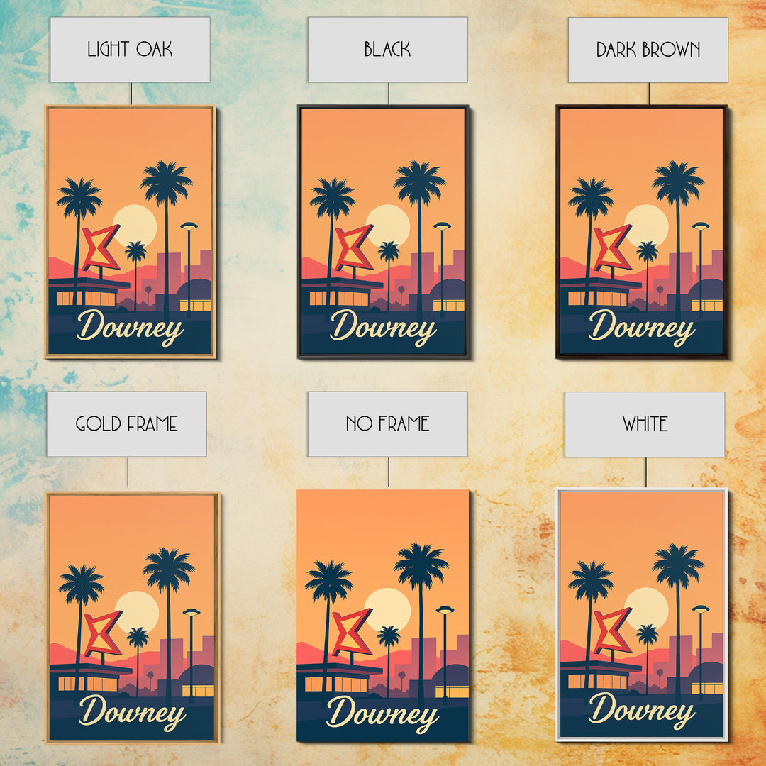 Downey California Travel Poster, Canvas Print, Retro Sunset Skyline Art, Downey City Art, Wanderlust Decor, Living Room Wall Art, Wall Art