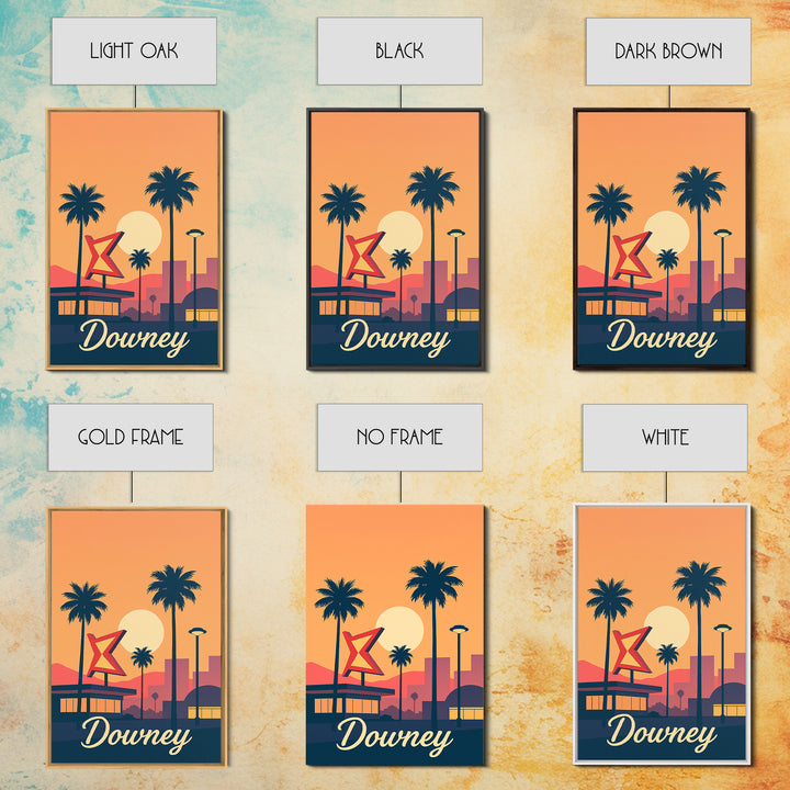 Downey California Travel Poster, Canvas Print, Retro Sunset Skyline Art, Downey City Art, Wanderlust Decor, Living Room Wall Art, Wall Art