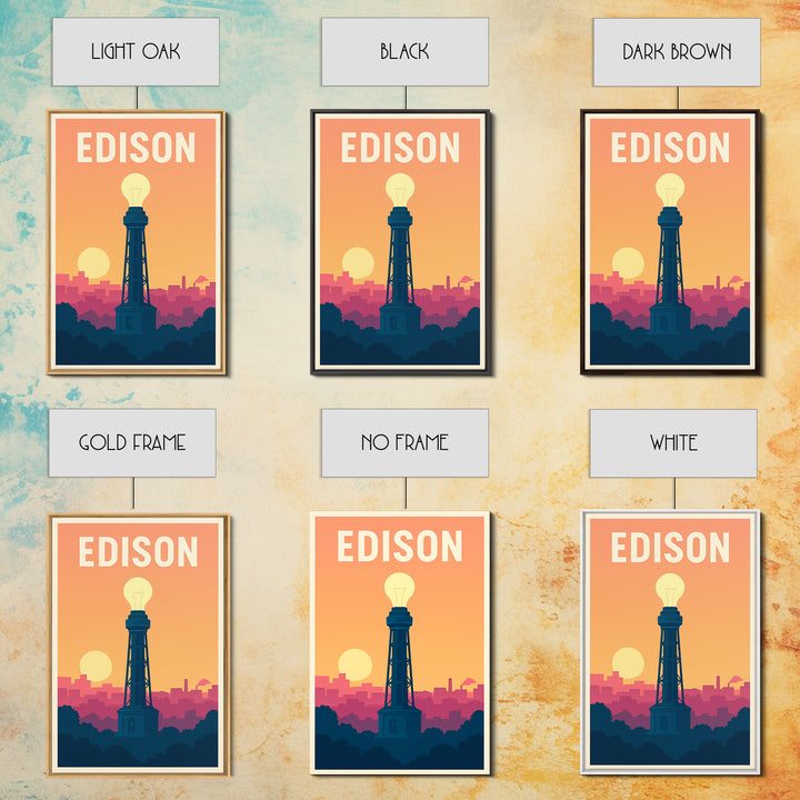 Edison Travel Poster, Framed Canvas Print, Mid Century City Wall Art, Edison Travel Art, Mid Century Wall Art, Watercolor Skyline
