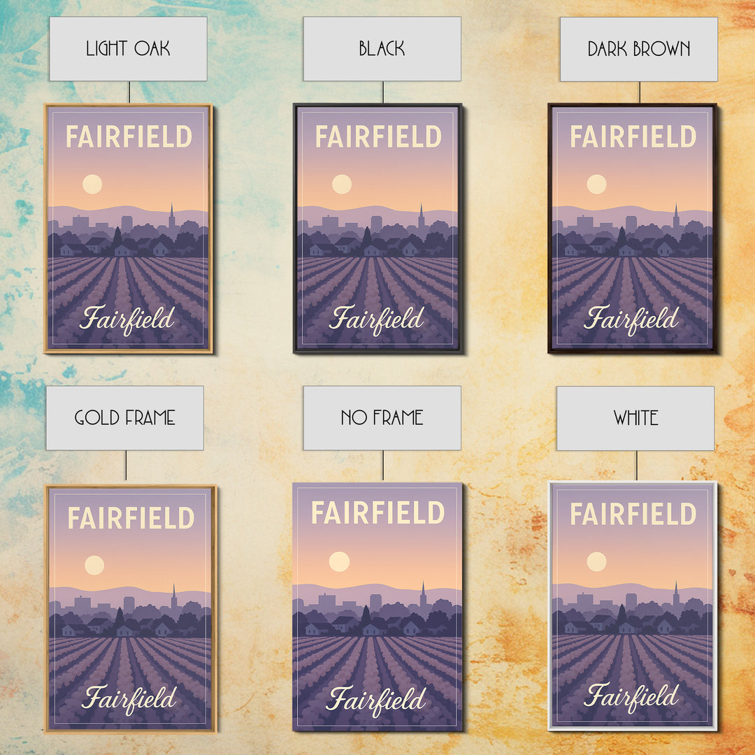 Fairfield Travel Poster, Canvas Print, Retro Sunset Skyline Art, Fairfield Poster Print, Travel Wall Decor, Home Office Decor, Design 2