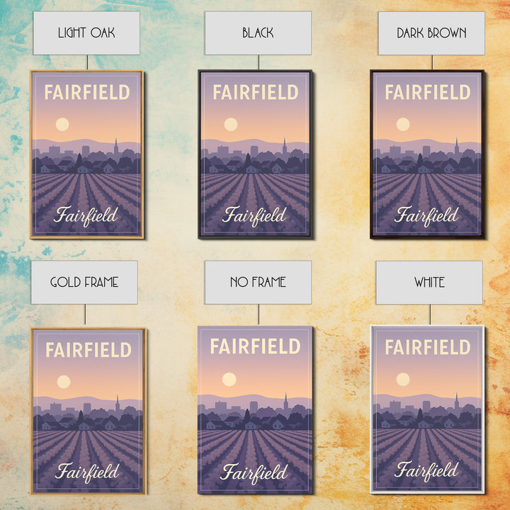Fairfield Travel Poster, Canvas Print, Retro Sunset Skyline Art, Fairfield Poster Print, Travel Wall Decor, Home Office Decor, Design 2