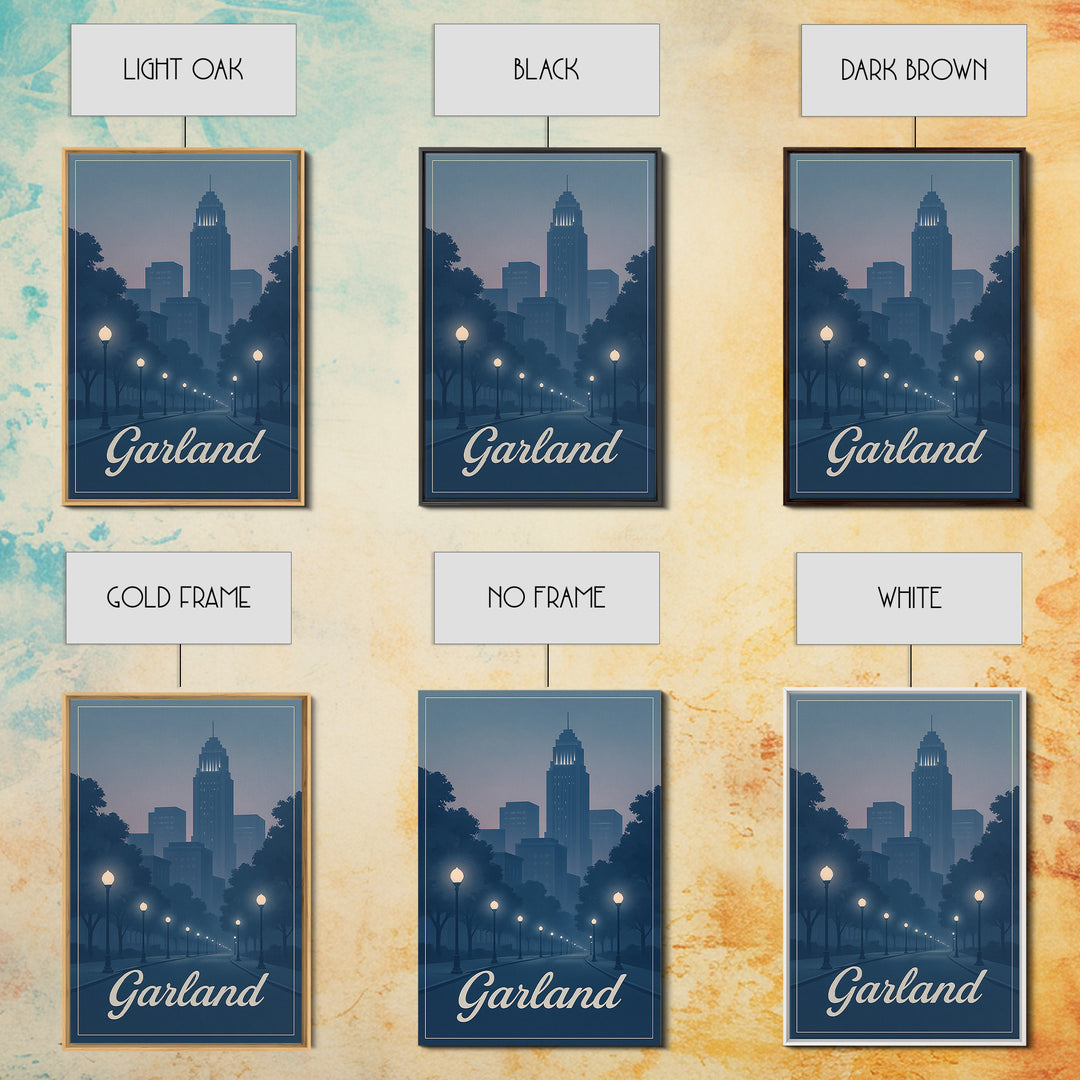 Garland Travel Poster, Canvas Print, Retro Sunset Skyline Art, Garland Poster Print, Wanderlust Decor, Fine Art Print, Modern Wall Decor