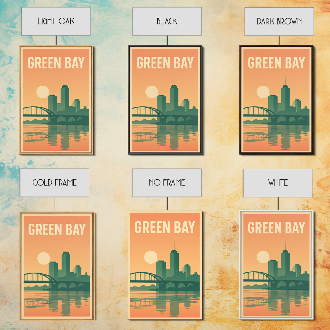 Green Bay Travel Poster, Canvas Print, Retro Sunset Skyline Art, Green Bay Wall Art, Gift For Travelers, Home Office Decor, Home Decor