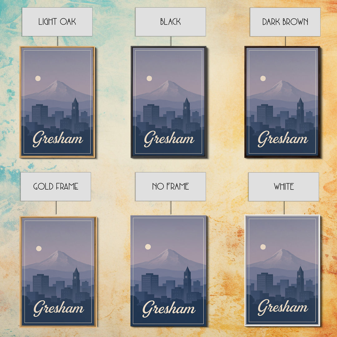 Gresham Travel Poster, Framed Canvas Print, Retro Sunset Skyline Art, Gresham Art Print, Travel Wall Art, Eclectic Wall Decor, Design 2