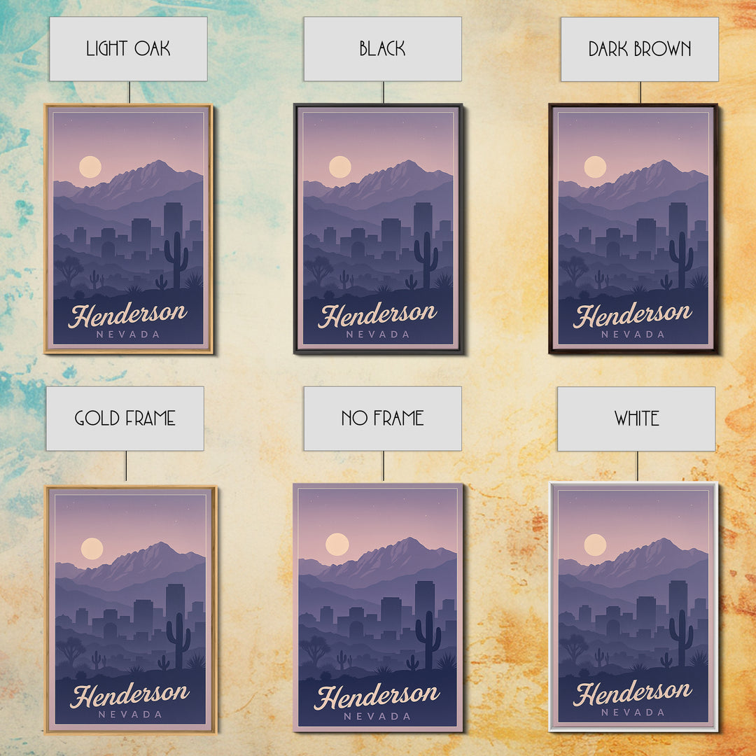 Henderson Travel Poster, Framed Canvas Print, Retro Sunset Skyline Art, Henderson City Art, Retro Travel Print, Mid Century Wall Art