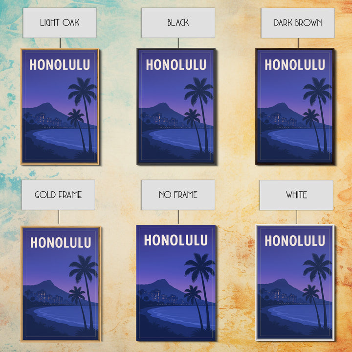 Honolulu Hawaii Travel Poster, Canvas Print, Retro Sunset Skyline Art, Honolulu Wall Art, Mid Century Wall Art, Living Room Wall Art