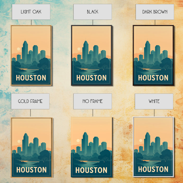 Houston Travel Poster, Framed Canvas Print, Retro Sunset Skyline Art, Houston Travel Art, Modern Wall Decor, Living Room Wall Art