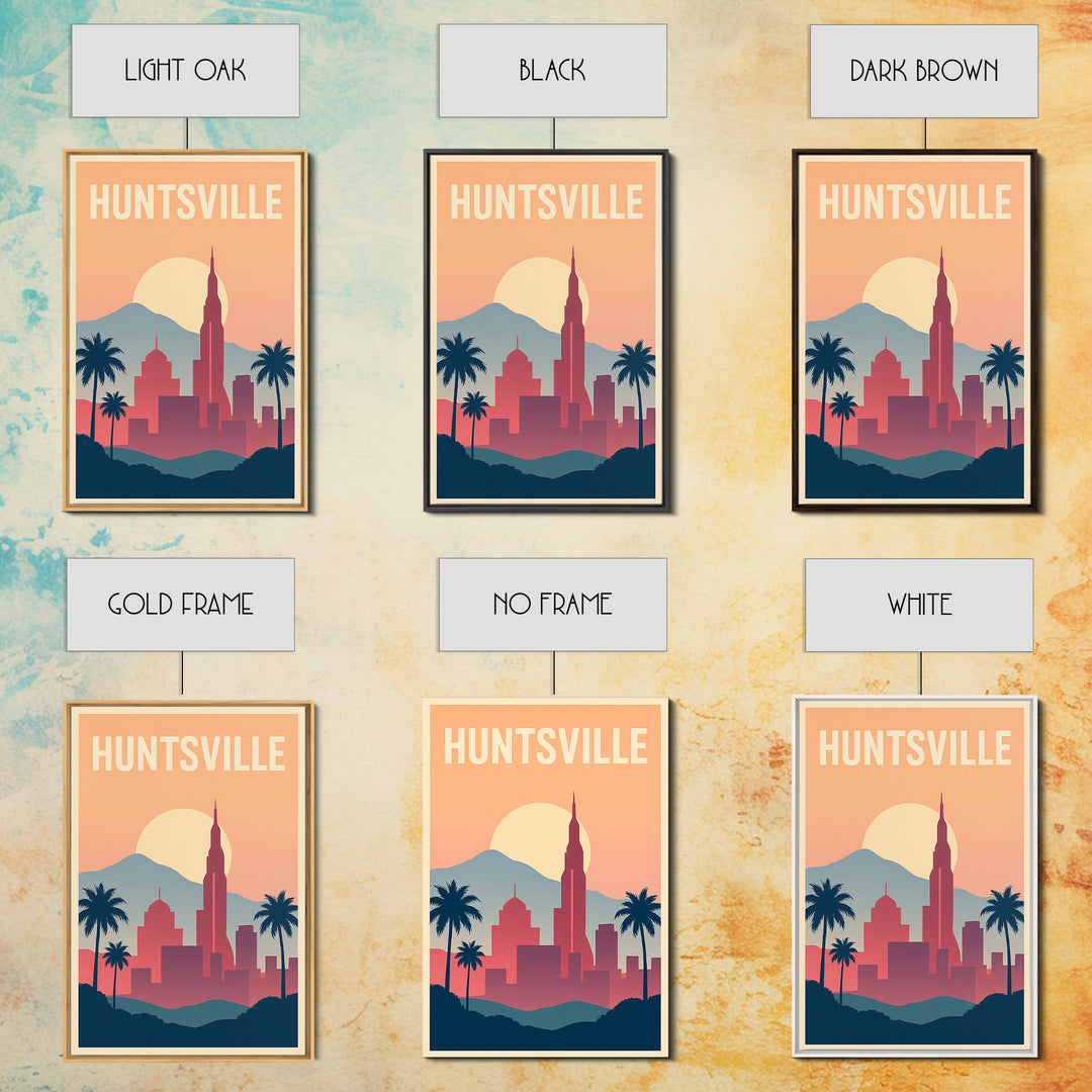 Huntsville Travel Poster, Canvas Print, Retro Sunset Skyline Art, Huntsville Poster Print, City Illustration, Travel Poster Art
