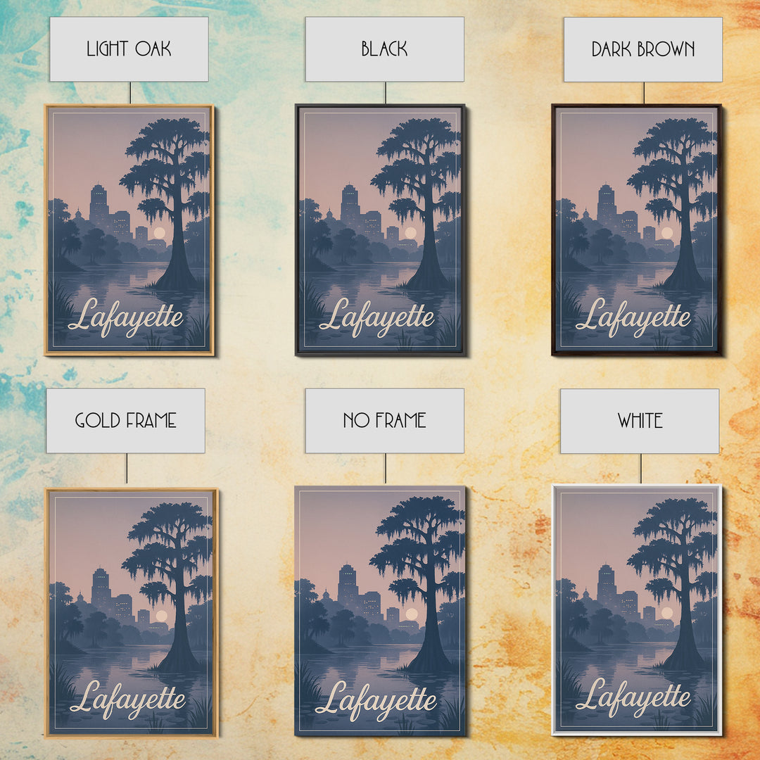 Lafayette Travel Poster, Framed Canvas Print, Retro Sunset Skyline Art, Lafayette Travel Art, Travel Poster Set, Vintage City Poster