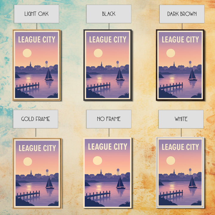 League City Texas Travel Poster, Framed Canvas Print, Retro Sunset Skyline Art, League City Travel Art, Travel Wall Decor, Travel Wall Art