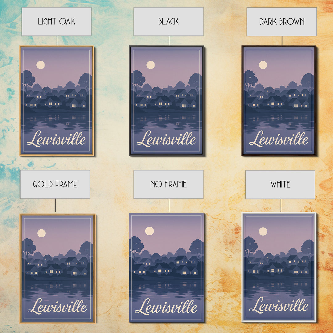 Lewisville Travel Poster, Framed Canvas Print, Retro Sunset Skyline Art, Lewisville Wall Art, Home Office Decor, Wanderlust Decor