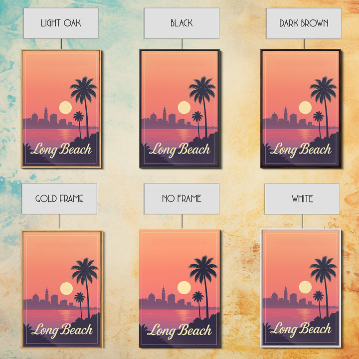 Long Beach California Travel Poster, Canvas Print, Retro Sunset Skyline Art, Long Beach Art Print, Vintage Travel Art, City Travel Prints