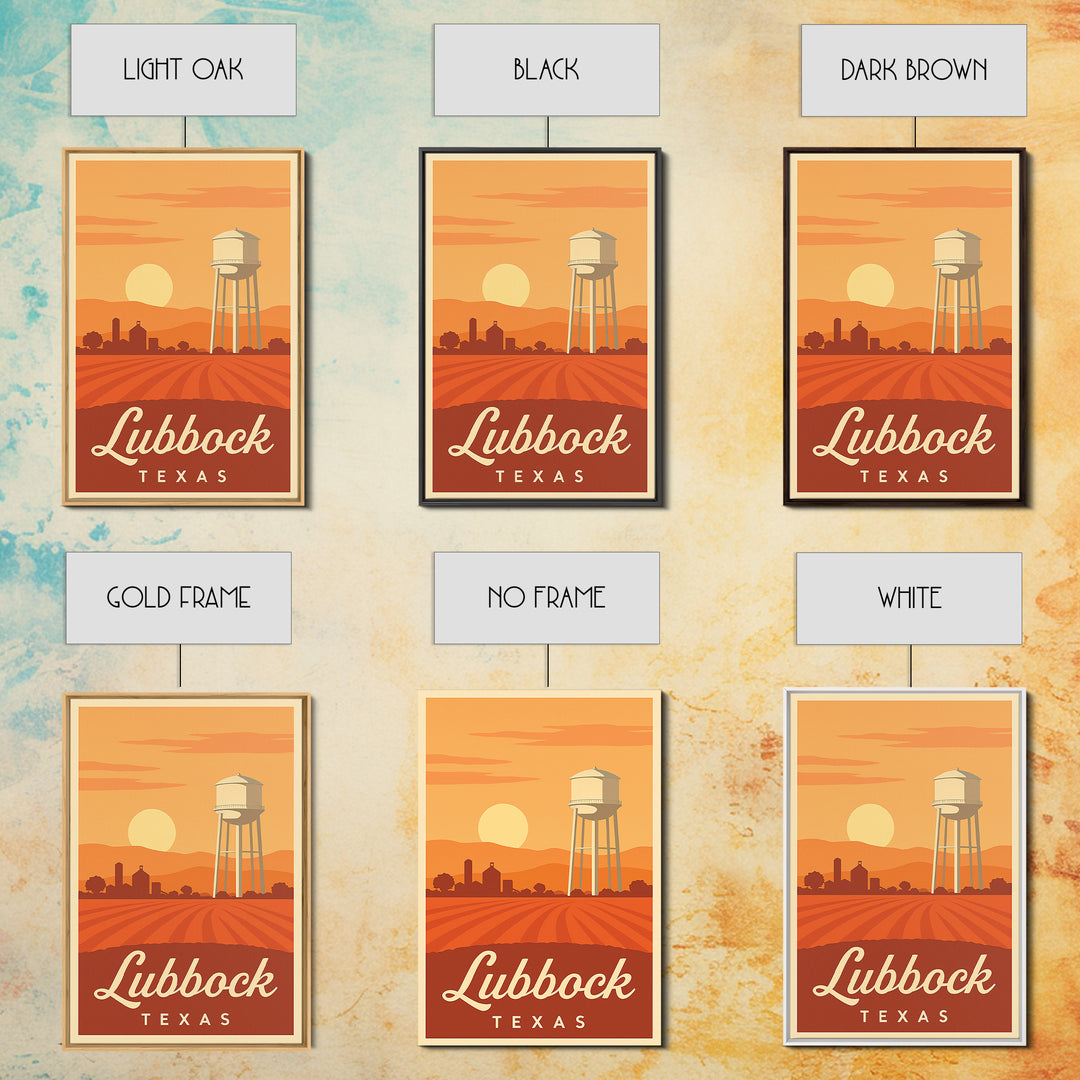 Lubbock Texas Travel Poster, Framed Canvas Print, Retro Sunset Skyline Art, Lubbock Poster Print, Wanderlust Decor, Travel Poster Set