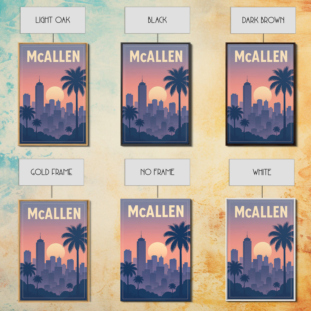 Mcallen Texas Travel Poster, Framed Canvas Print, Retro Sunset Skyline Art, Mcallen Wall Art, Eclectic Wall Decor, City Travel Prints