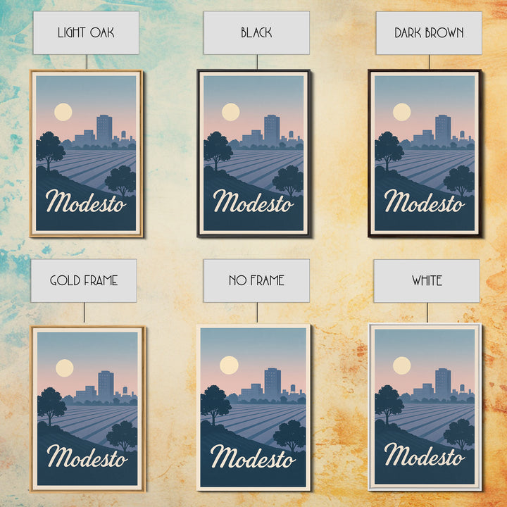 Modesto Travel Poster, Canvas Print, Mid Century City Wall Art, Modesto City Art, Modern Wall Decor, City Illustration, City Art Print