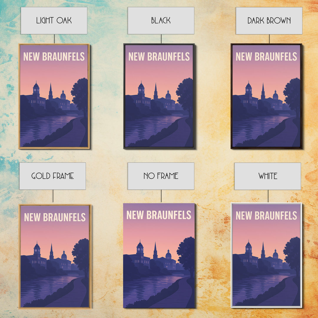 New Braunfels Travel Poster, Framed Canvas Print, Retro Sunset Skyline Art, New Braunfels City Art, Vintage Travel Print, Vintage Travel Art