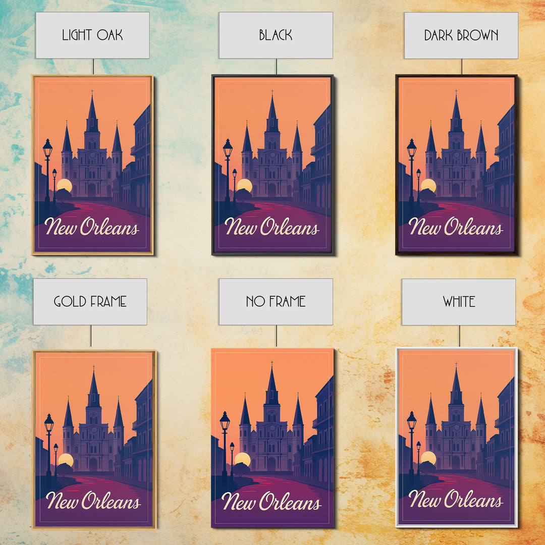 New Orleans Louisiana Travel Poster, Framed Canvas Print, Retro Sunset Skyline Art, New Orleans City Art, Travel Wall Art, Travel Art Print