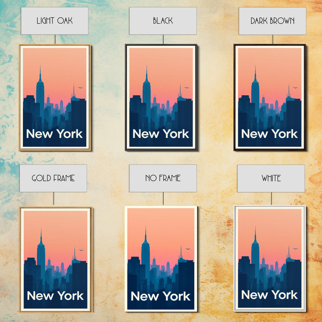 New York Travel Poster, Framed Canvas Print, Retro Sunset Skyline Art, New York Travel Art, Living Room Wall Art, Eclectic Wall Decor