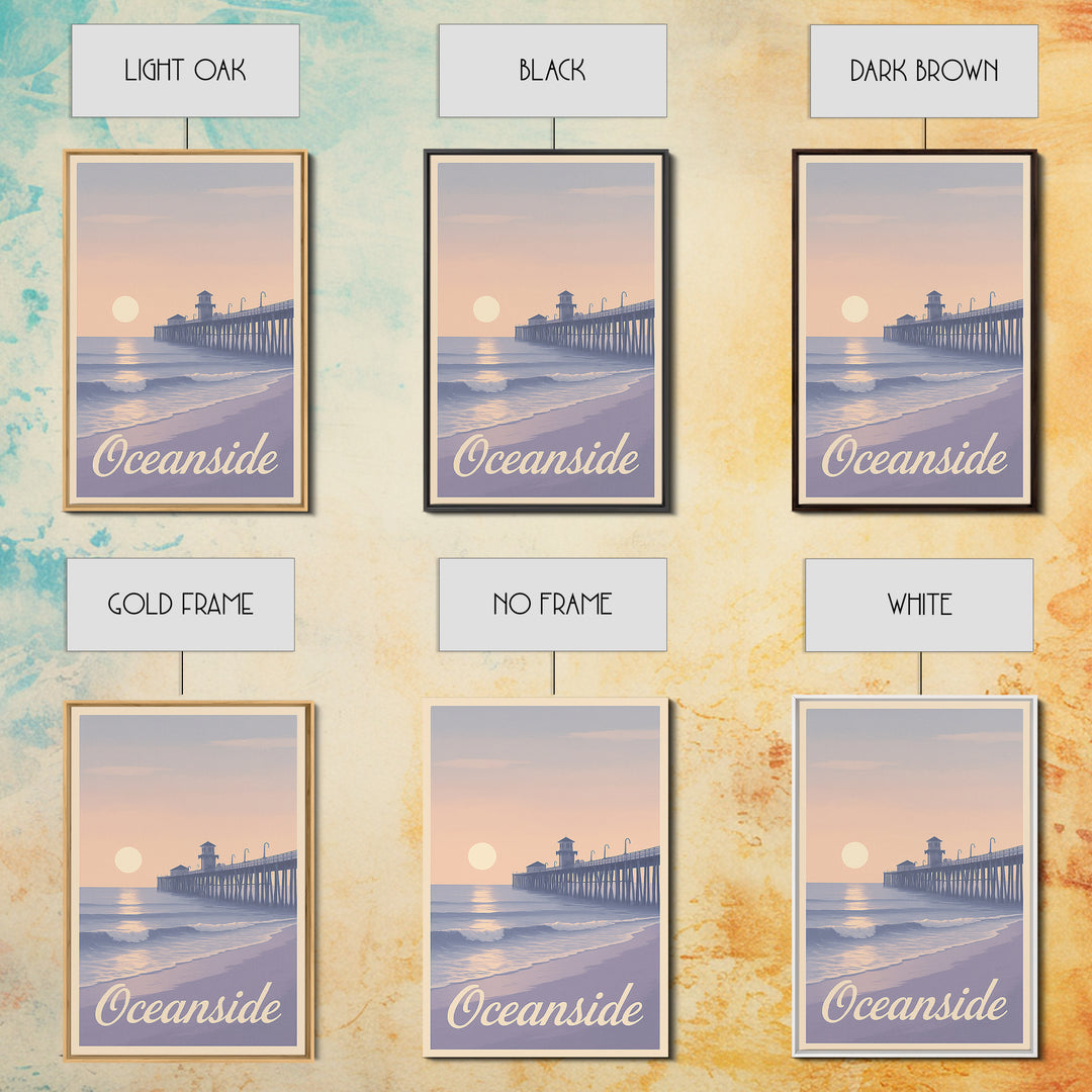 Oceanside Travel Poster, Canvas Print, Retro Sunset Skyline Art, Oceanside Wall Art, Retro Travel Print, Watercolor Skyline, Design 2