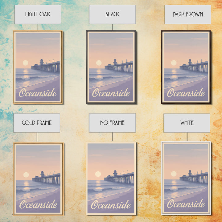 Oceanside Travel Poster, Canvas Print, Retro Sunset Skyline Art, Oceanside Wall Art, Retro Travel Print, Watercolor Skyline, Design 2