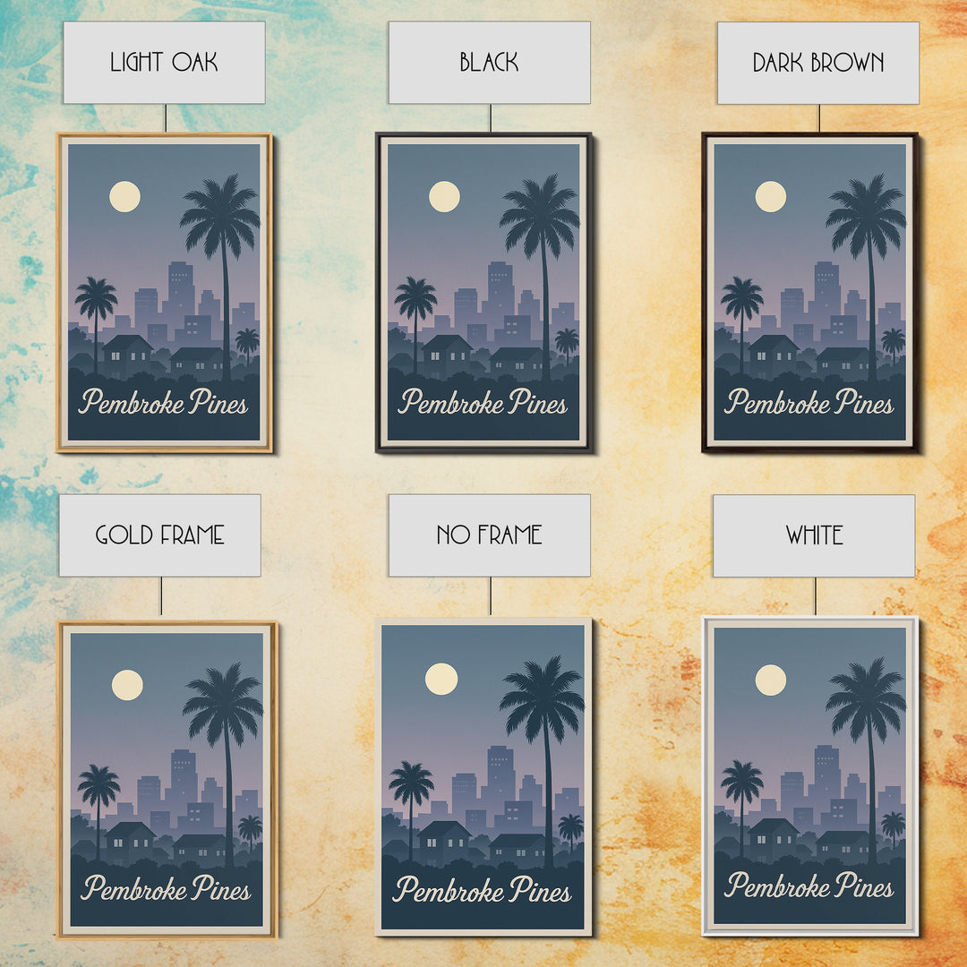 Pembroke Pines Florida Travel Poster, Canvas Print, Retro Sunset Skyline Art, Pembroke Pines Art Print, Wanderlust Decor, Modern Wall Decor