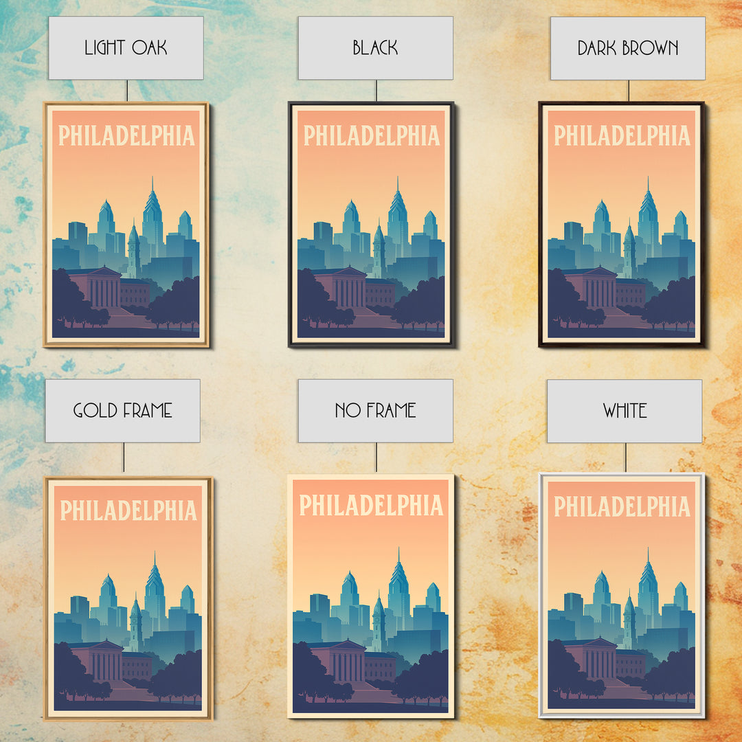 Philadelphia Travel Poster, Framed Canvas Print, Retro Sunset Skyline Art, Philadelphia City Art, Retro Travel Print, City Travel Prints
