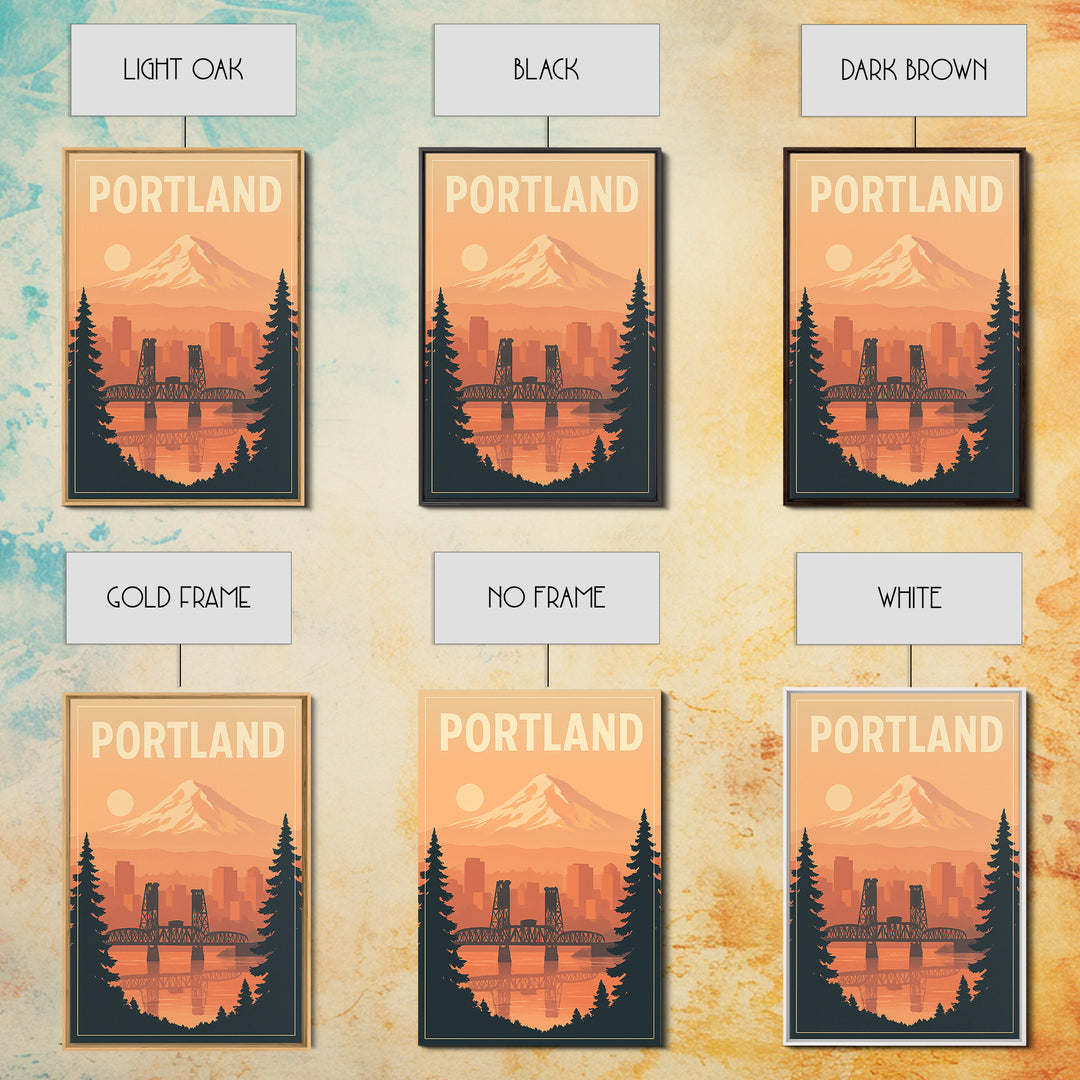 Portland Oregon Travel Poster, Framed Canvas Print, Retro Sunset Skyline Art, Portland Travel Art, City Illustration, Travel Poster Art