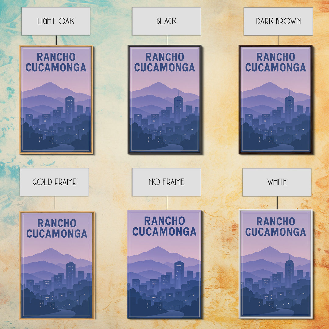 Rancho Cucamonga California Travel Poster, Framed Canvas Print, Retro Sunset Skyline Art, Rancho Cucamonga Poster Print, Eclectic Wall Decor