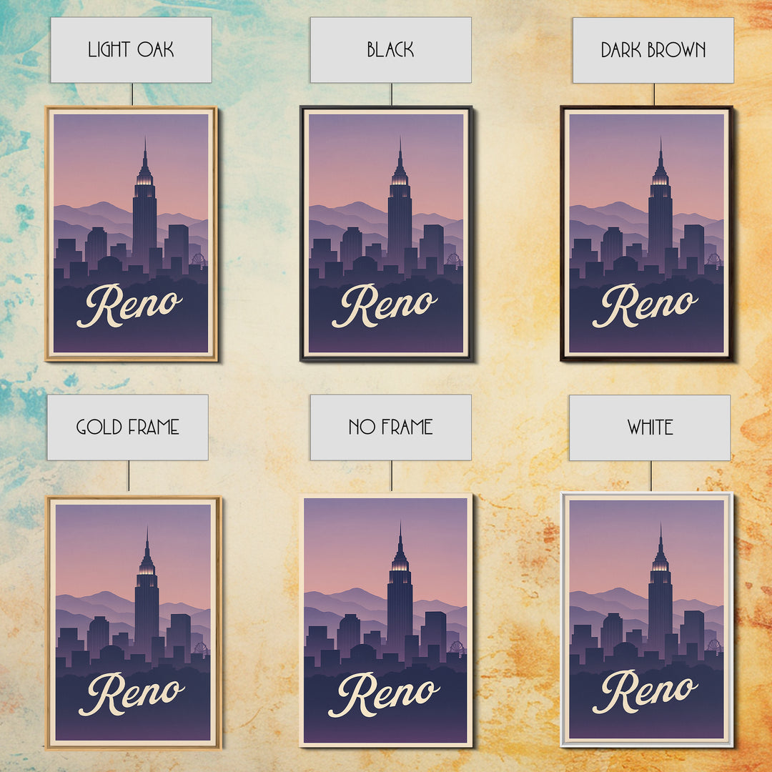 Reno Travel Poster, Canvas Print, Retro Sunset Skyline Art, Reno Art Print, City Illustration, Wanderlust Decor, Mid Century Wall Art