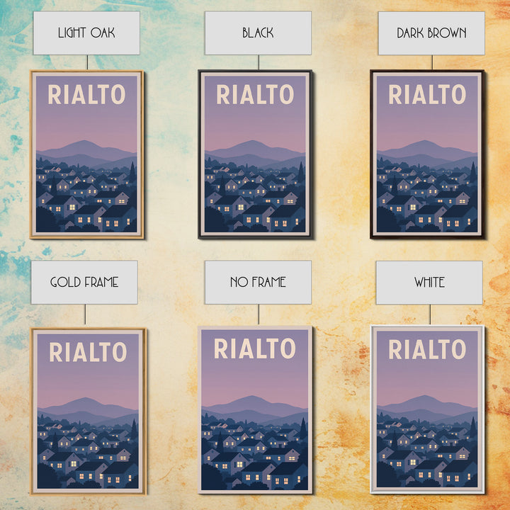 Rialto Travel Poster, Framed Canvas Print, Retro Sunset Skyline Art, Rialto Wall Art, Watercolor Skyline Art, Travel Poster Art, Design 2