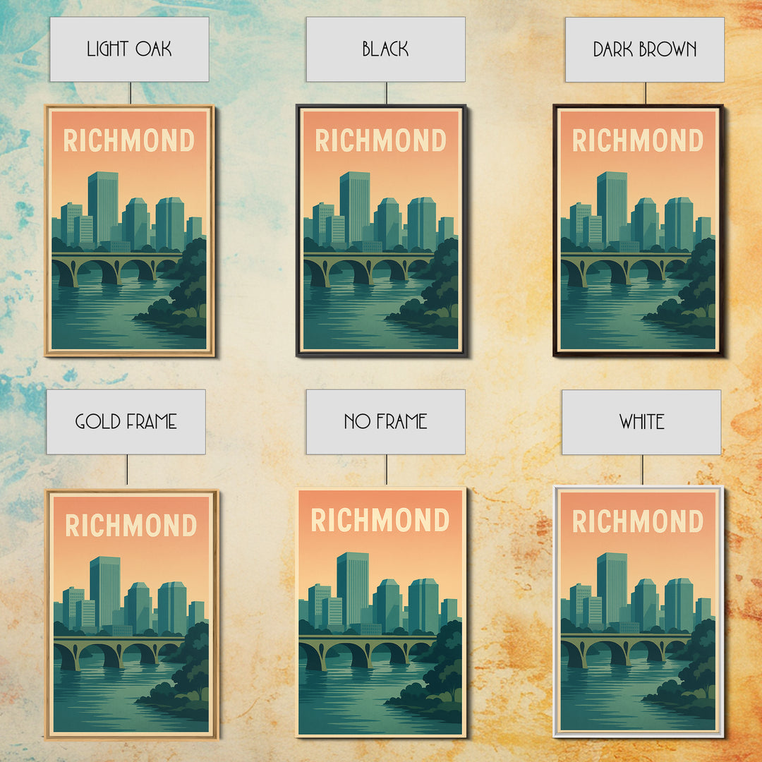 Richmond Virginia Travel Poster, Canvas Print, Retro Sunset Skyline Art, Richmond Poster Print, Watercolor Cityscape, Retro Travel Print