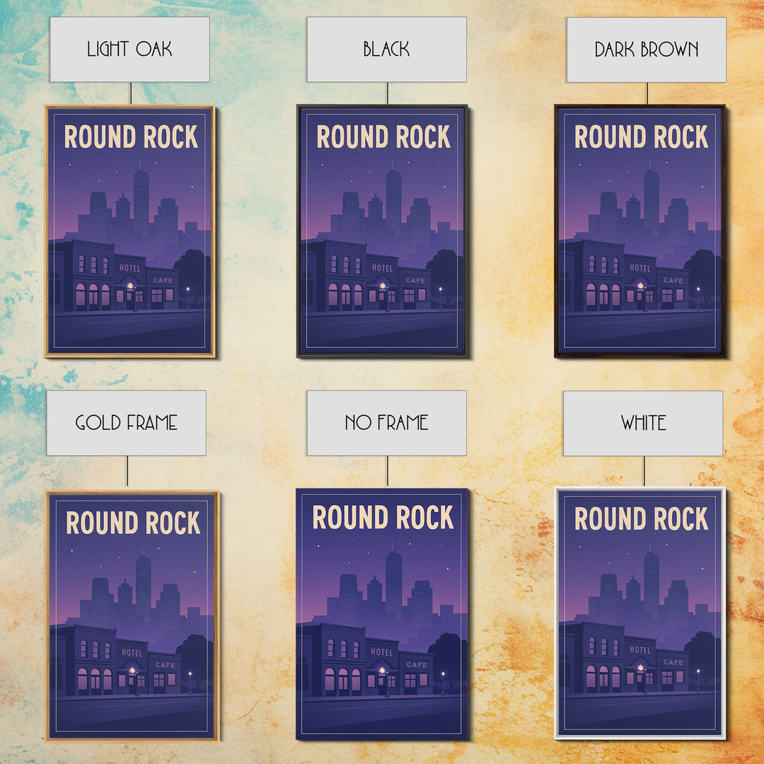 Round Rock Travel Poster, Framed Canvas Print, Retro Sunset Skyline Art, Round Rock Poster Print, Travel Art Print, Living Room Wall Art