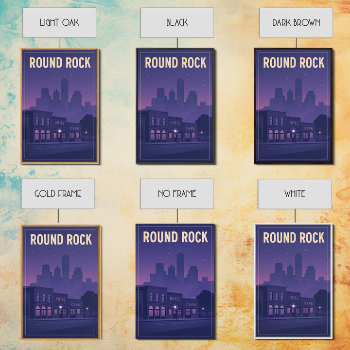 Round Rock Travel Poster, Framed Canvas Print, Retro Sunset Skyline Art, Round Rock Poster Print, Travel Art Print, Living Room Wall Art