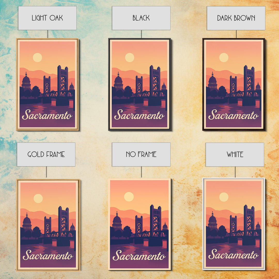 Sacramento California Travel Poster, Canvas Print, Retro Sunset Skyline Art, Sacramento Art Print, Wall Art, Mid Century Wall Art