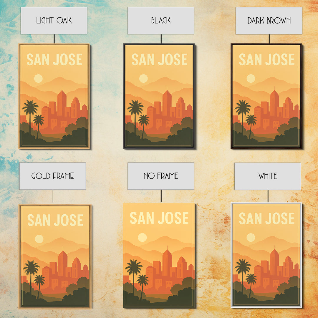 San Jose California Travel Poster, Framed Canvas Print, Retro Sunset Skyline Art, San Jose Poster Print, Fine Art Print, Vintage City Art