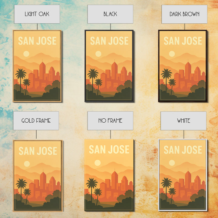 San Jose California Travel Poster, Framed Canvas Print, Retro Sunset Skyline Art, San Jose Poster Print, Fine Art Print, Vintage City Art