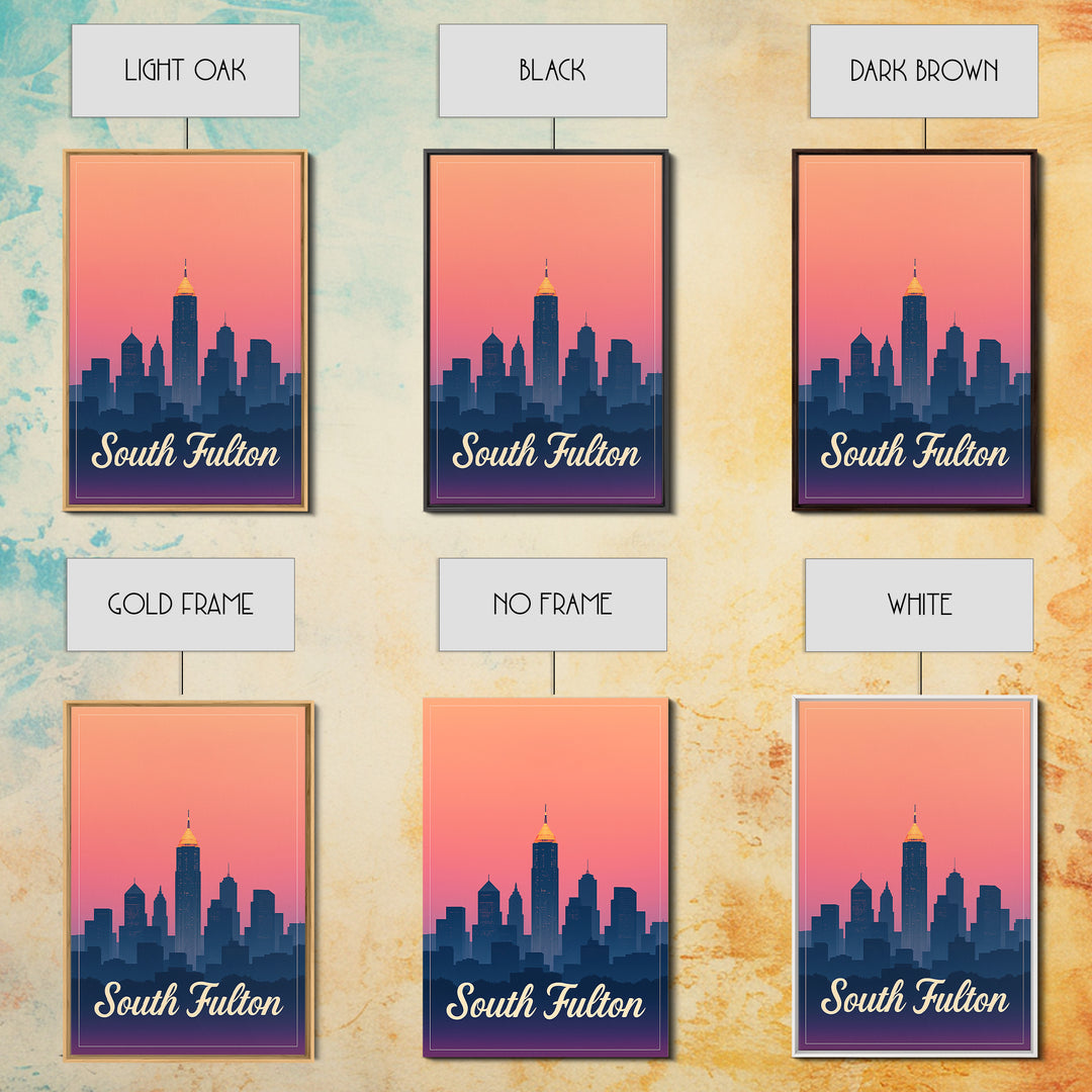 South Fulton Georgia Travel Poster, Canvas Print, Retro Sunset Skyline Art, South Fulton Wall Art, Gift For Travelers, Mid Century Wall Art