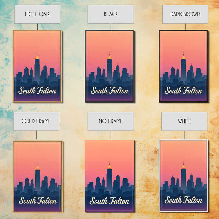South Fulton Georgia Travel Poster, Canvas Print, Retro Sunset Skyline Art, South Fulton Wall Art, Gift For Travelers, Mid Century Wall Art