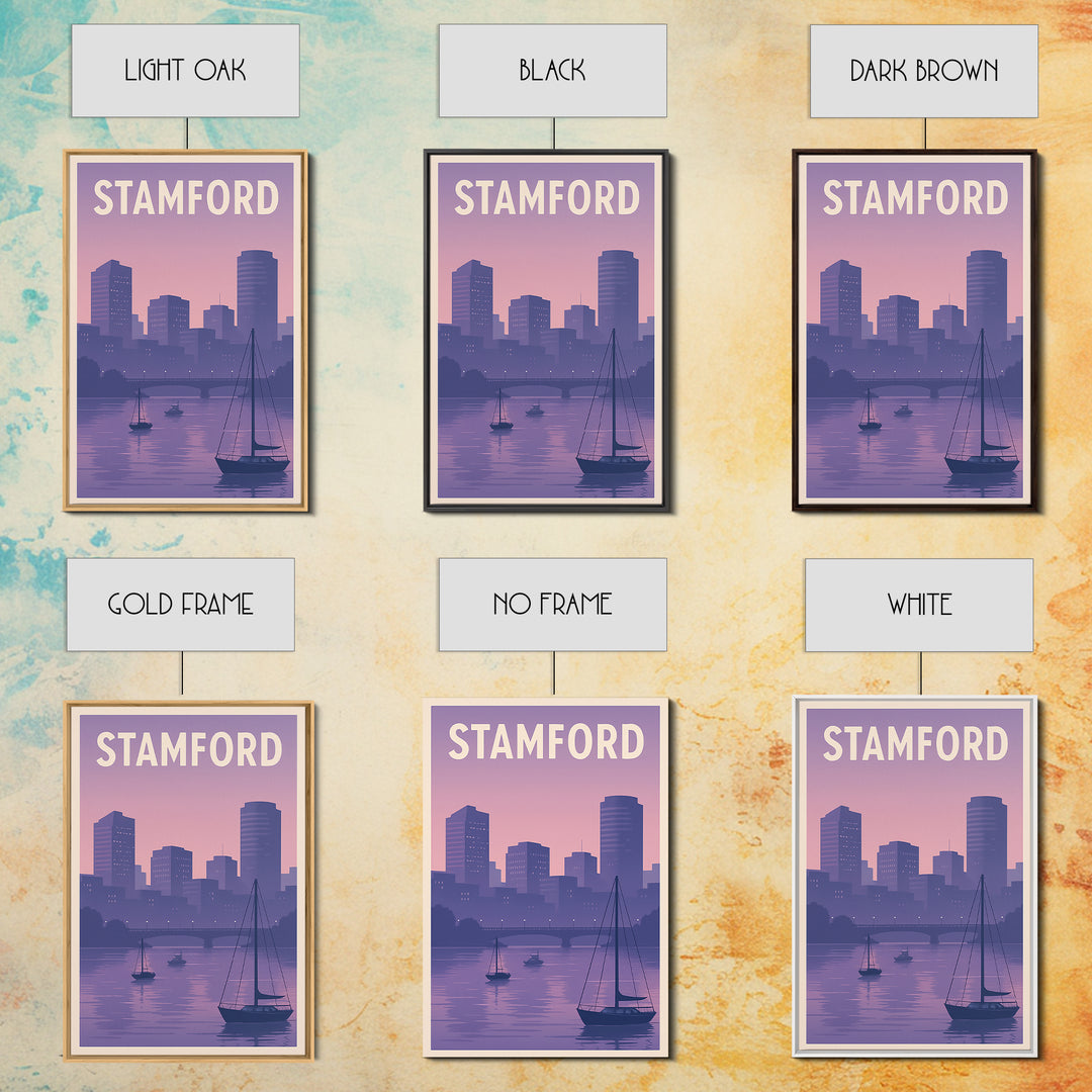 Stamford Travel Poster, Framed Canvas Print, Mid Century City Wall Art, Stamford Travel Art, Travel Poster Art, City Illustration
