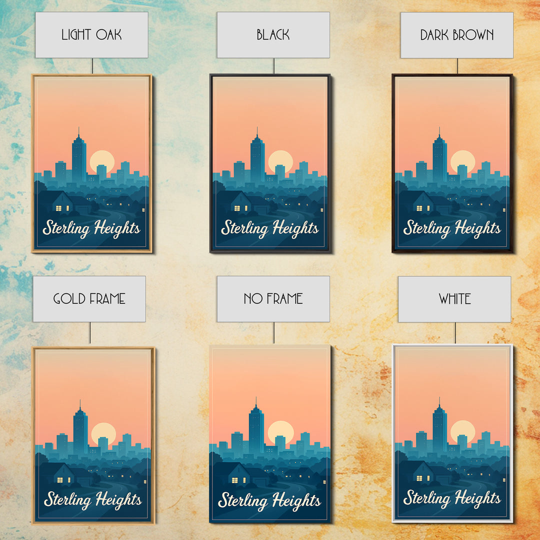 Sterling Heights Michigan Travel Poster, Framed Canvas Print, Retro Sunset Skyline Art, Sterling Heights Wall Art, City Travel Prints
