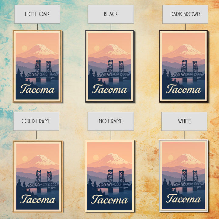Tacoma Washington Travel Poster, Framed Canvas Print, Retro Sunset Skyline Art, Tacoma Poster Print, Eclectic Wall Decor, City Travel Prints