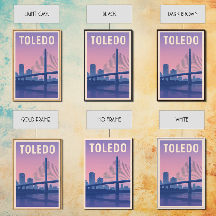 Toledo Ohio Travel Poster, Canvas Print, Retro Sunset Skyline Art, Toledo Travel Art, Watercolor Cityscape, City Poster, Travel Prints
