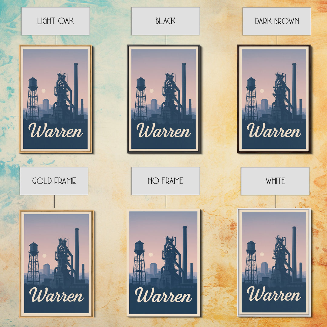 Warren Travel Poster, Framed Canvas Print, Retro Sunset Skyline Art, Warren City Art, Mid Century Wall Art, Modern Wall Decor, Design 2
