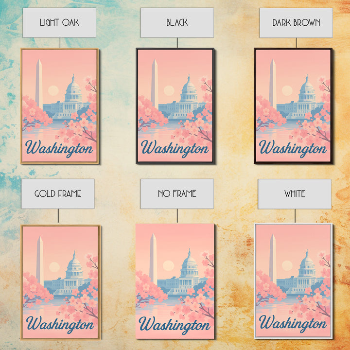 Washington Travel Poster, Framed Canvas Print, Retro Sunset Skyline Art, Washington Poster Print, Vintage City Poster, City Art Print