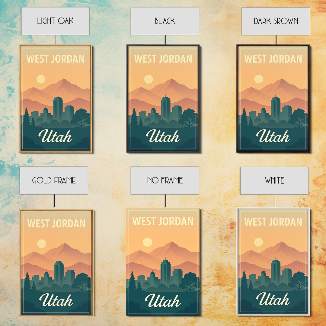 West Jordan Travel Poster, Framed Canvas Print, Retro Sunset Skyline Art, West Jordan Travel Art, City Illustration, Modern Wall Decor