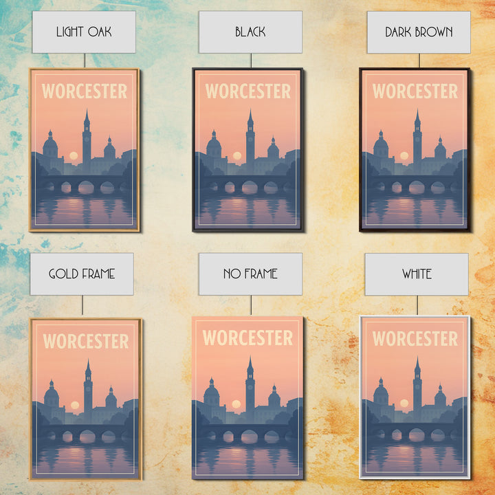 Worcester Massachusetts Travel Poster, Canvas Print, Sunset Skyline Art, Worcester Travel Art, Travel Poster Set, Watercolor City Skyline