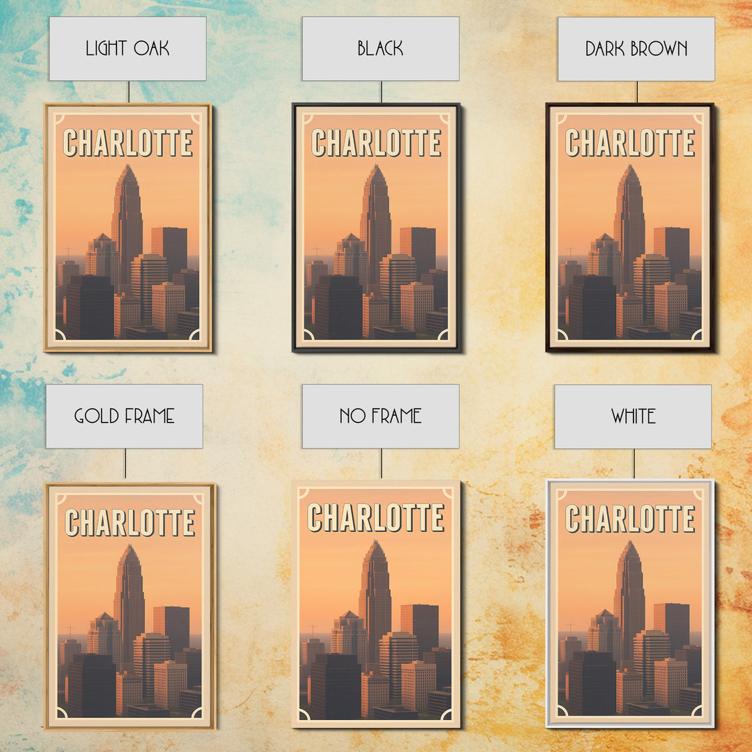 Charlotte Travel Poster, Framed Canvas Print, Vintage Theatre Style Art, Charlotte Poster Print, Gift For Travelers, Travel Poster Set