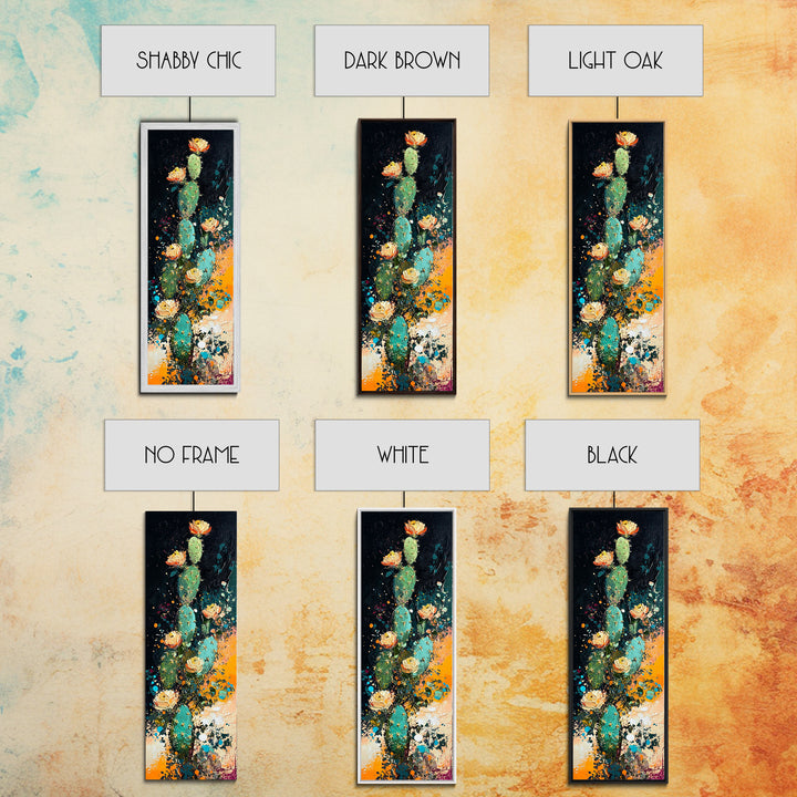 Desert Cactus Bloom Framed Canvas Print Southwest Wall Art Tall Narrow Art Rustic Decor Wildflower Painting