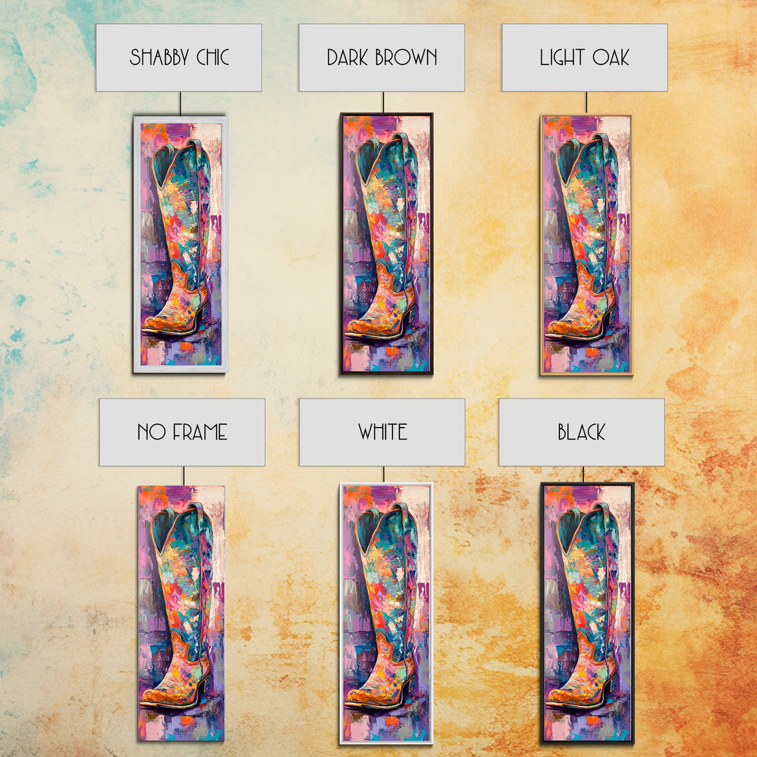Colorful Cowboy Boot Oil Painting Framed Canvas Print, Whimsical Art, Rustic Wall Art, Extra Wide Art, Southwest Wall Art